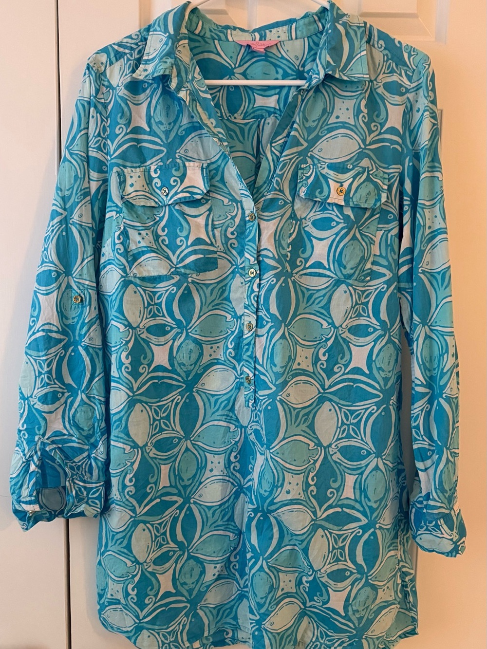 Lilly Pulitzer Aqua & White Printed Swim Coverup Button-Down Shirt size M EUC